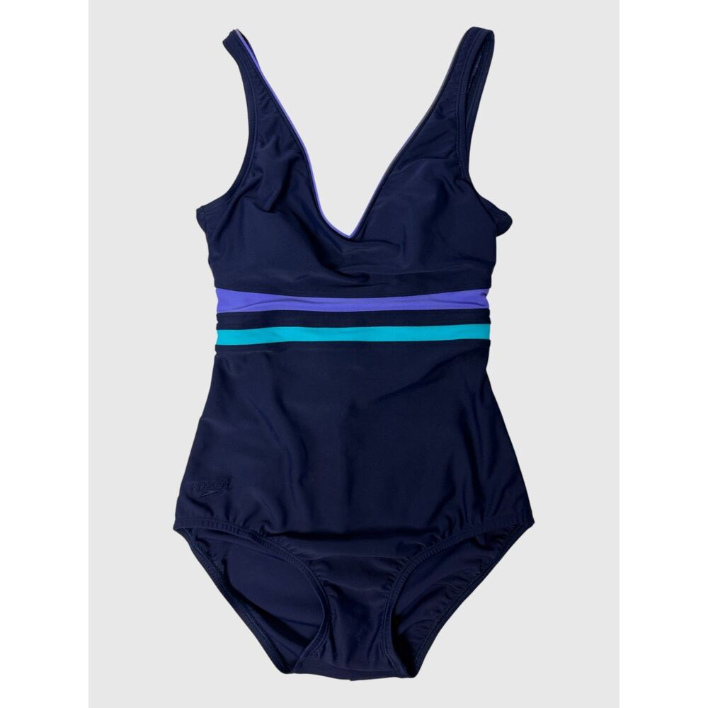Speedo One Piece Swimsuit Navy Purple Trim Colorblock Shelf Bra Size 8 NEW